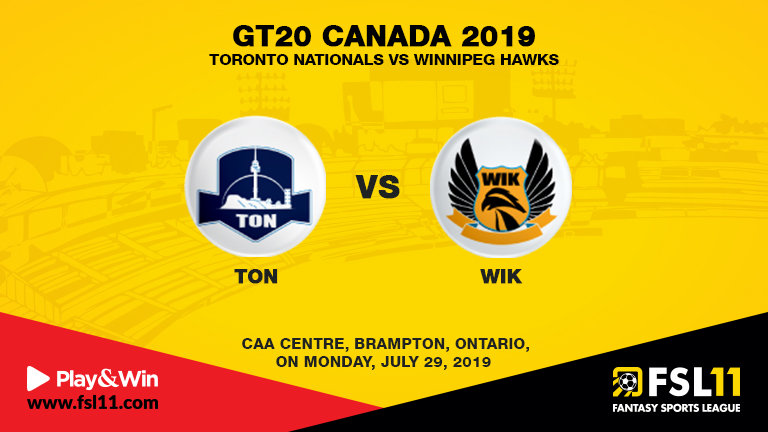 GT20 Canada 2019: Toronto Nationals vs Winnipeg Hawks, Match 7th, Round 1, Predictions